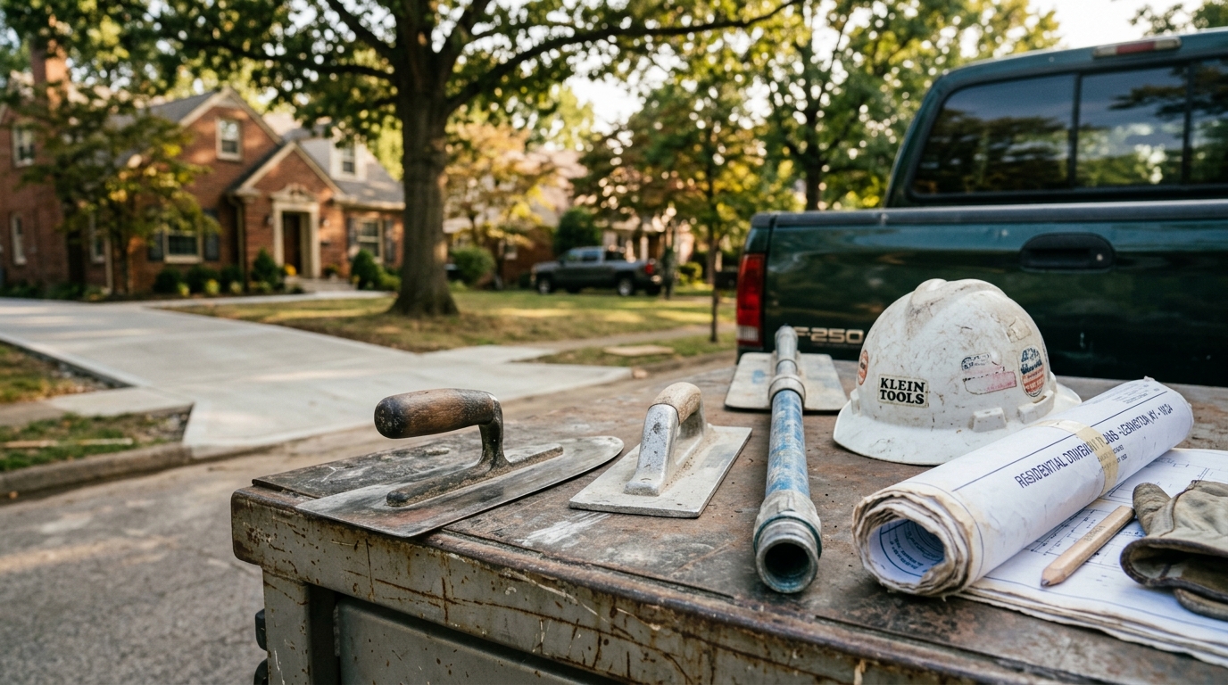 Concrete finishing tools and blueprints representing 25 years of CAG Enterprises craftsmanship