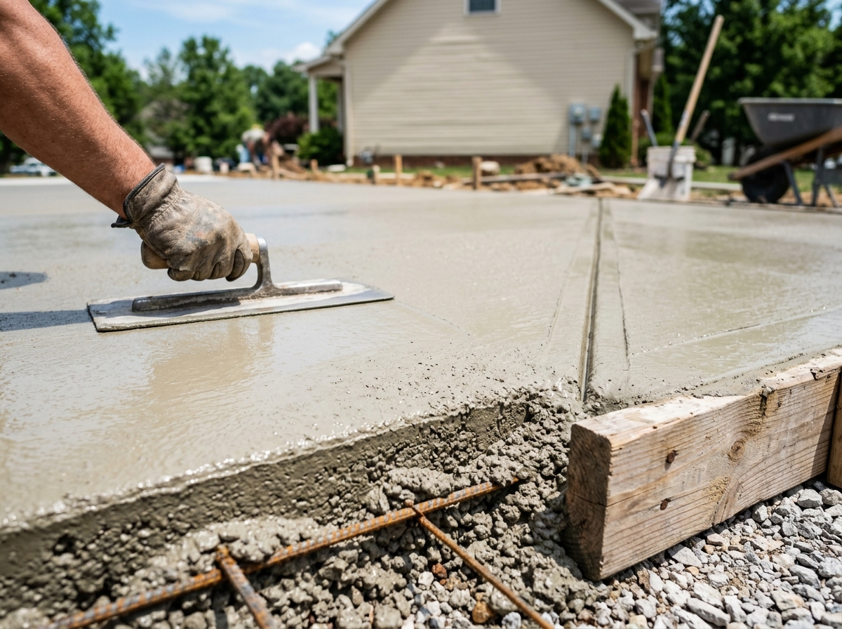 Concrete driveway pour detail showing fresh concrete texture and formwork