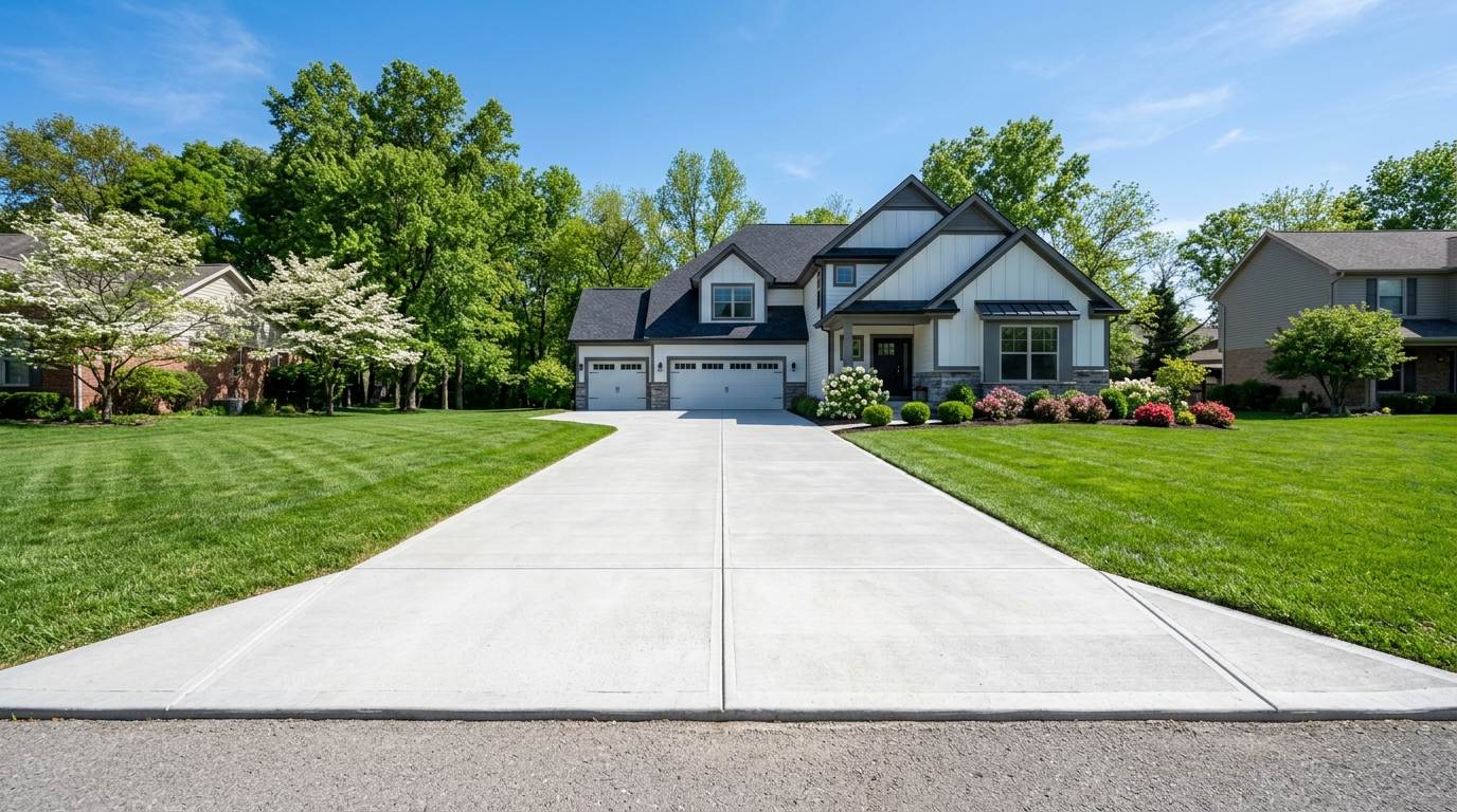 Finished concrete driveway at a Georgetown, Kentucky home with manicured lawn