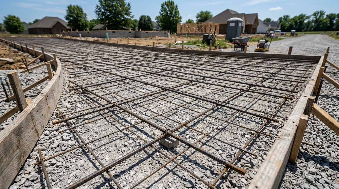 Reinforced concrete driveway preparation with rebar grid on compacted base in Georgetown, KY