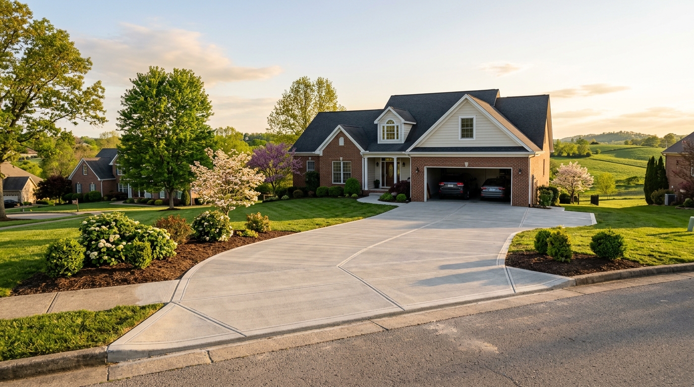 Finished concrete driveway at a residential home in Nicholasville, Kentucky