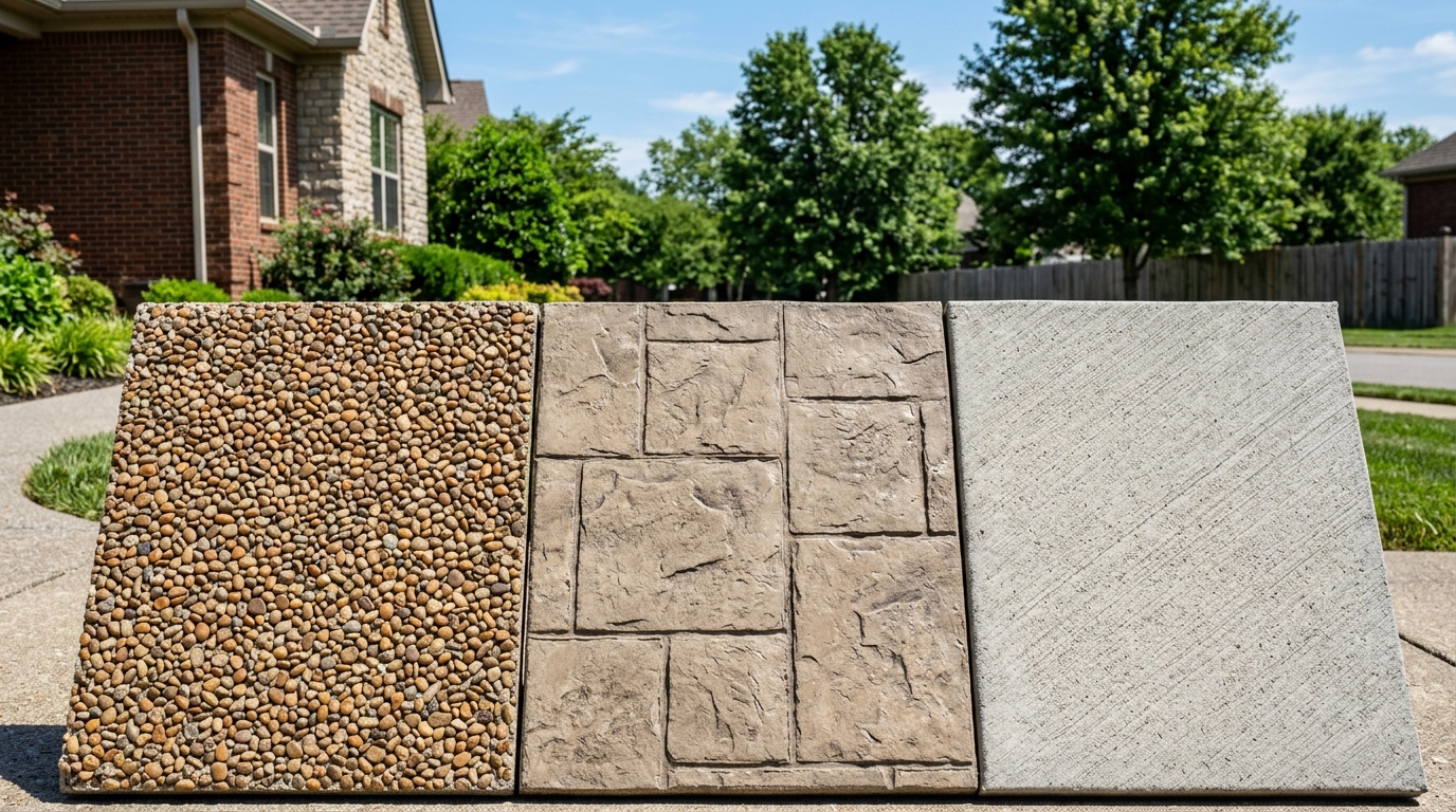 Concrete driveway finish options including broom finish, exposed aggregate, and stamped patterns