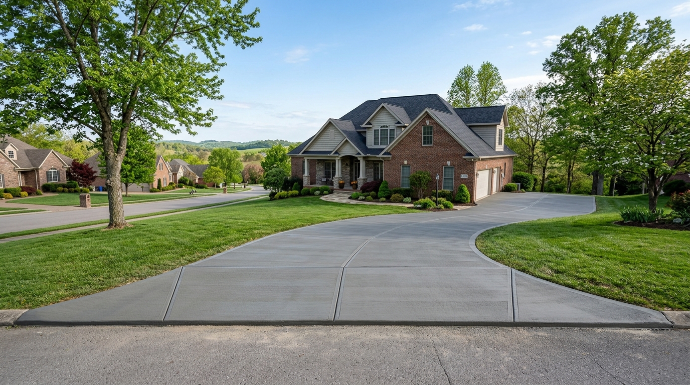 Freshly finished concrete driveway at a residential property in Richmond, Kentucky