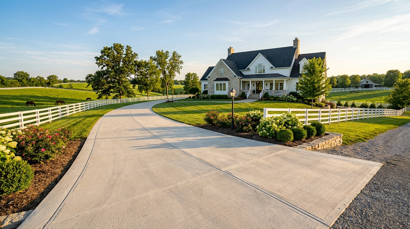 Concrete driveway leading to a Versailles, Kentucky estate property with rolling green pastures