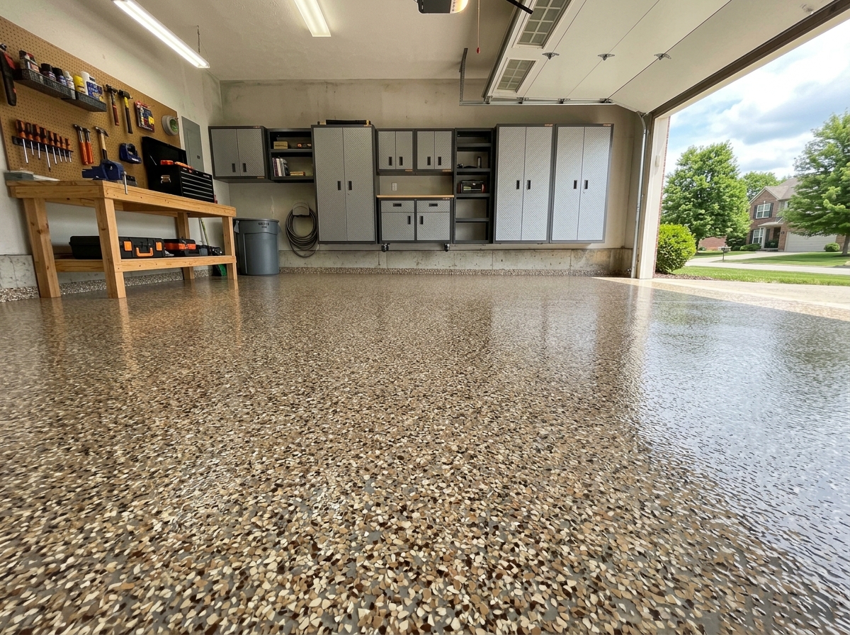 Epoxy-coated garage floor with flake finish installed by CAG Enterprises in Central Kentucky