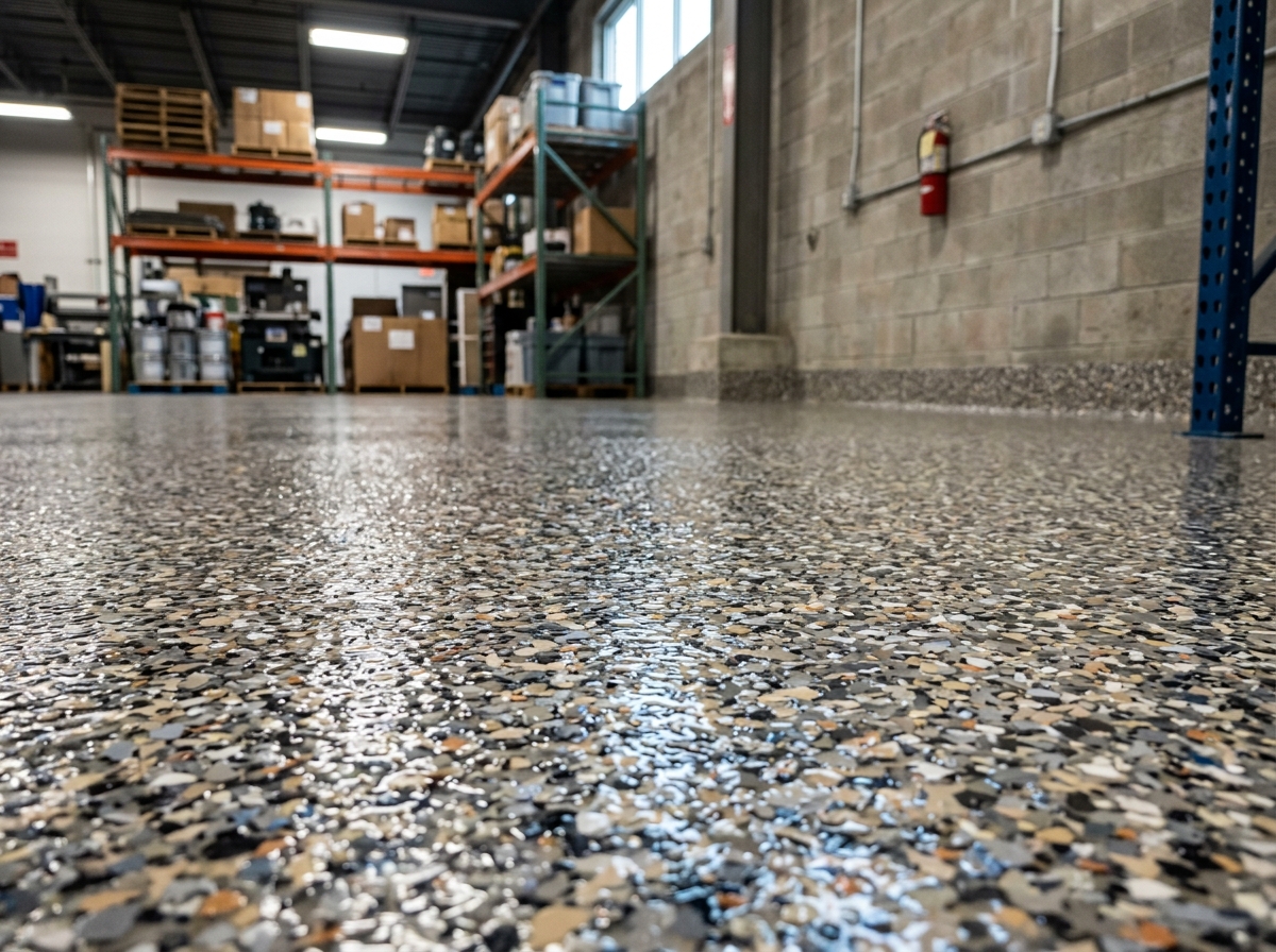 Flake epoxy floor coating being applied in a Georgetown, KY commercial space by CAG Enterprises