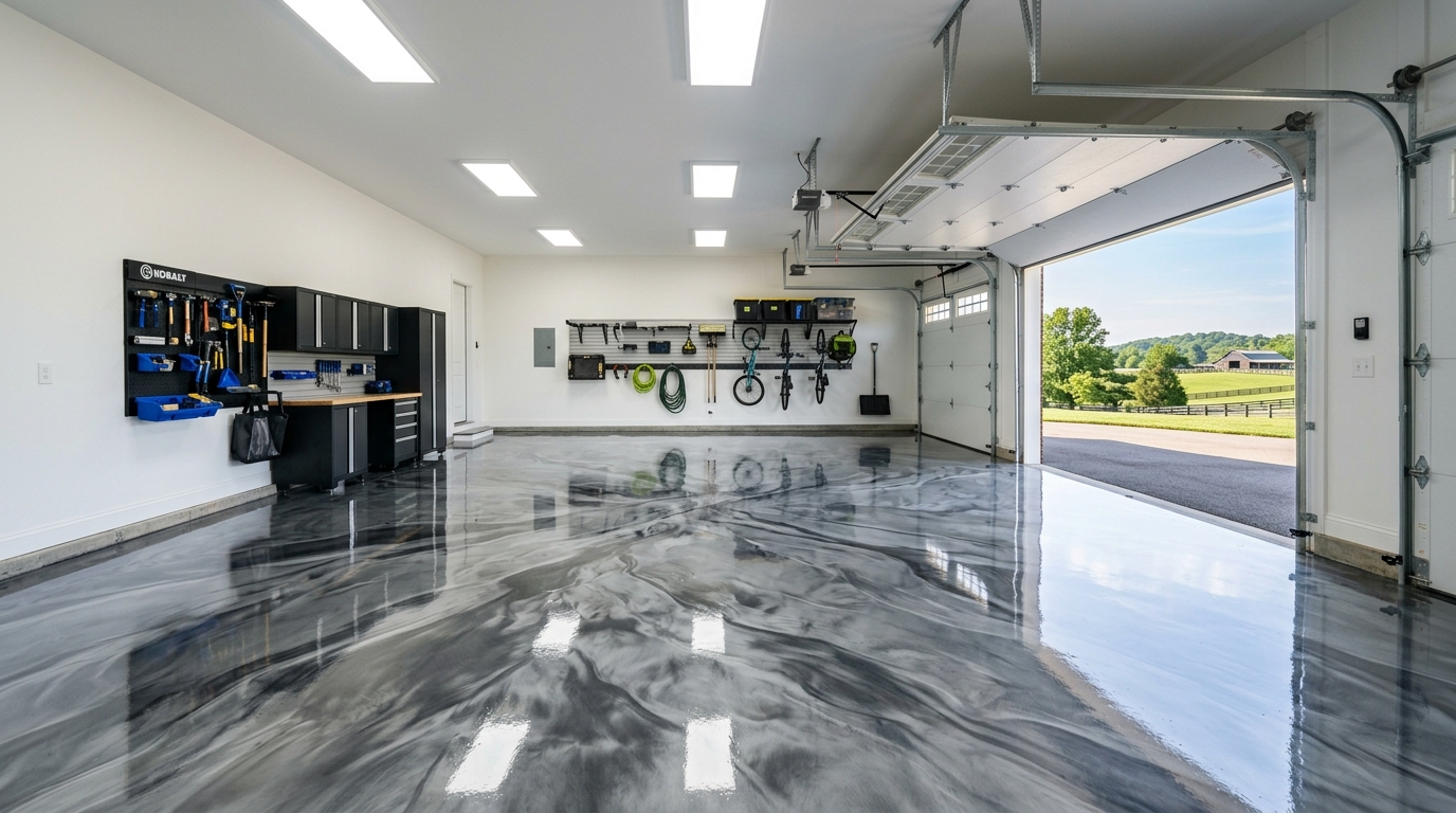 Metallic epoxy floor coating installed by CAG Enterprises in a Georgetown, Kentucky garage