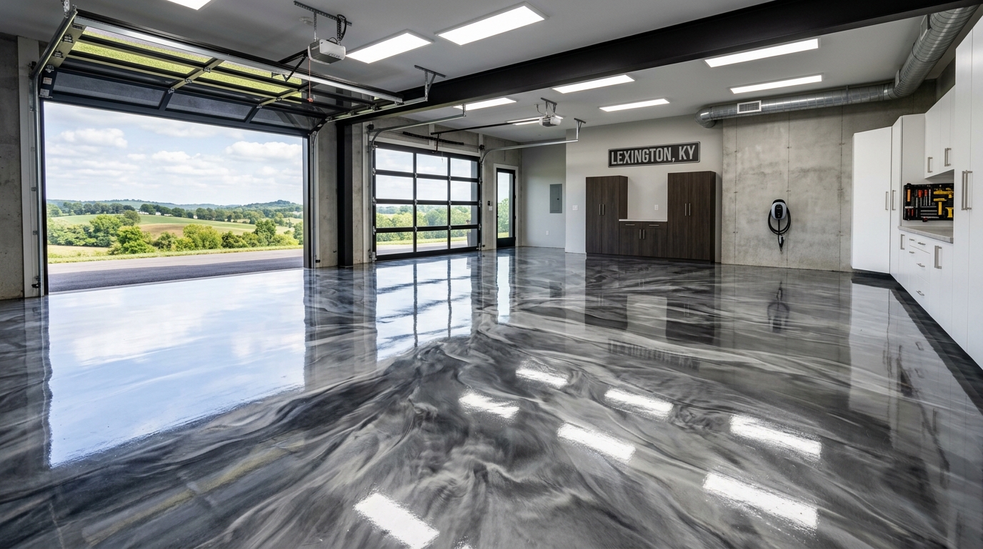 Metallic epoxy floor coating with swirling pearl finish installed by CAG Enterprises