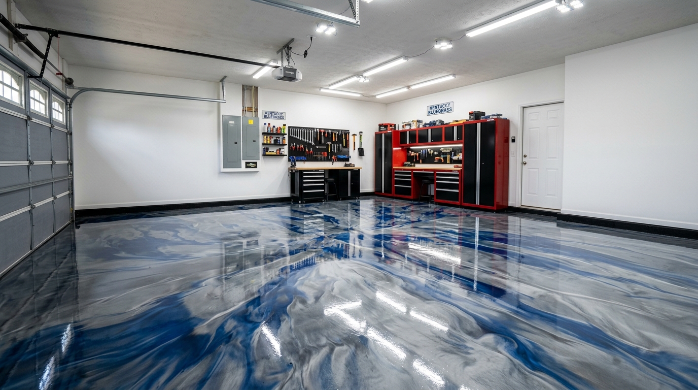 High-gloss metallic epoxy floor coating installed in a Nicholasville, Kentucky garage by CAG Enterprises