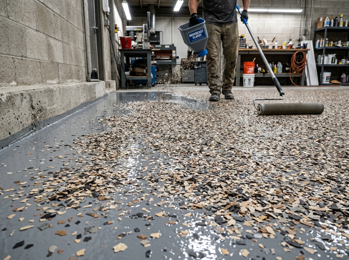 Flake epoxy floor coating being applied in a Richmond, KY commercial space by CAG Enterprises