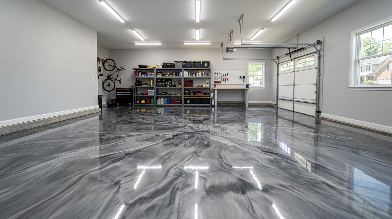 Metallic epoxy floor coating installed by CAG Enterprises in a Richmond, Kentucky garage