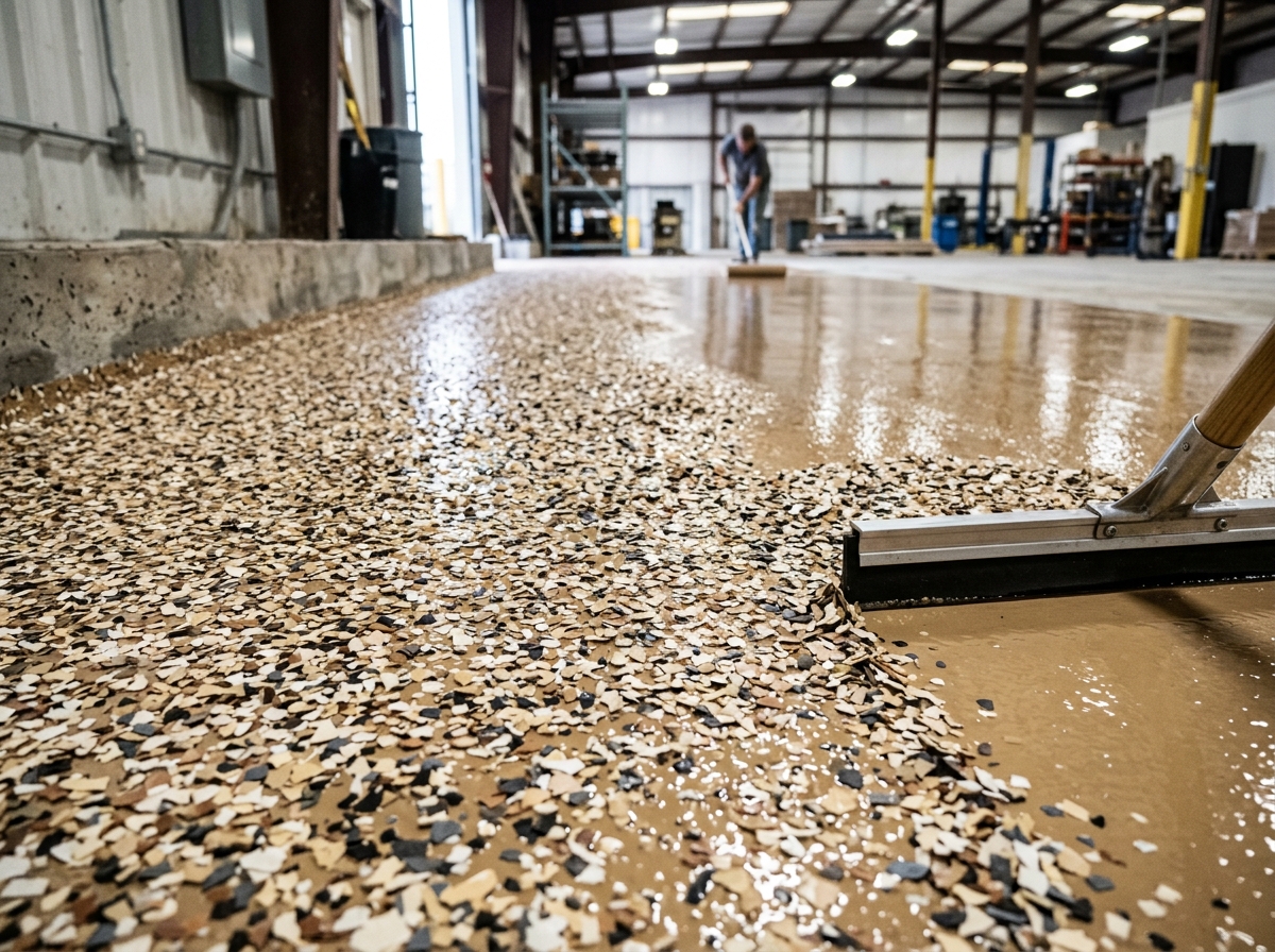 Epoxy floor coating being applied in a Versailles, KY property by CAG Enterprises