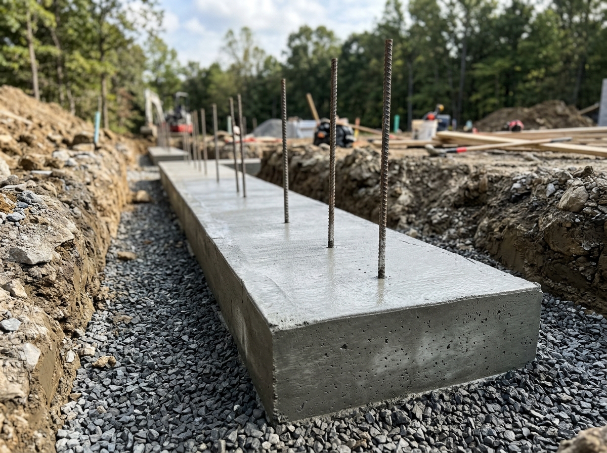 Completed concrete footer with rebar reinforcement ready for foundation walls