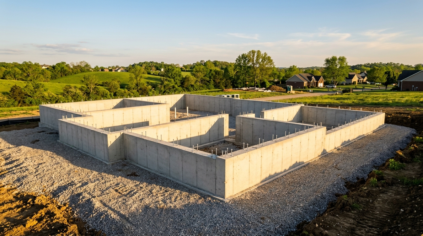 Completed concrete foundation ready for framing on a Central Kentucky residential site