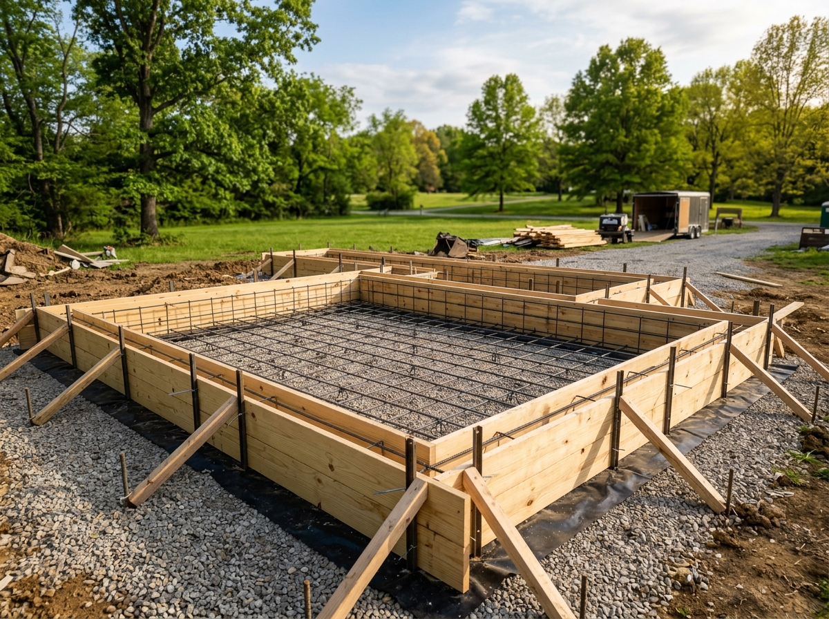Concrete foundation forms with rebar grid ready for pour in Central Kentucky