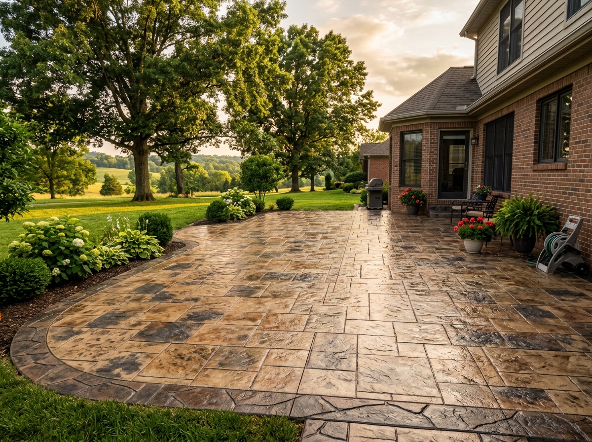 Stamped concrete patio with Ashlar slate pattern