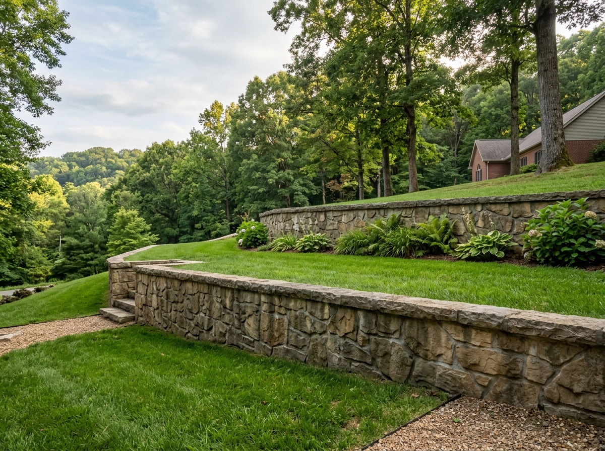 Concrete retaining wall with stone texture