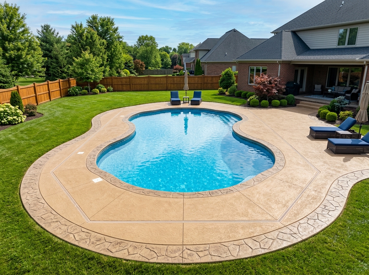 Concrete pool deck with stamped border