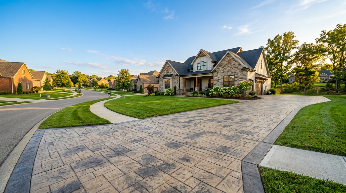 CAG Enterprises Finished stamped concrete driveway in a Georgetown, Kentucky subdivision