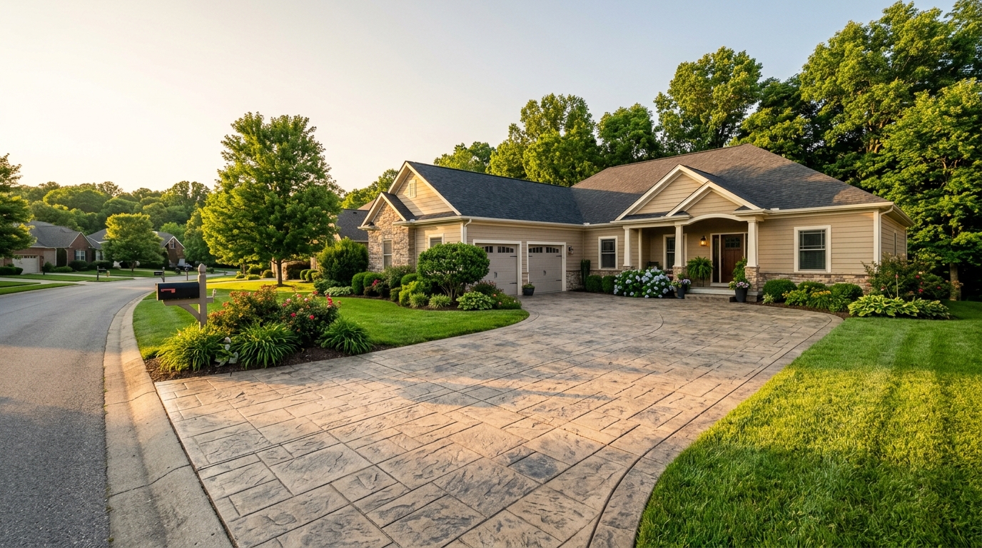 Finished stamped concrete driveway in a Nicholasville, Kentucky neighborhood