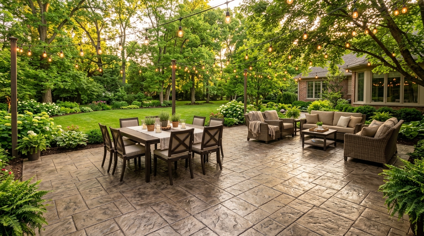 CAG Enterprises Stamped concrete patio with ashlar slate pattern in a Lexington, Kentucky backyard
