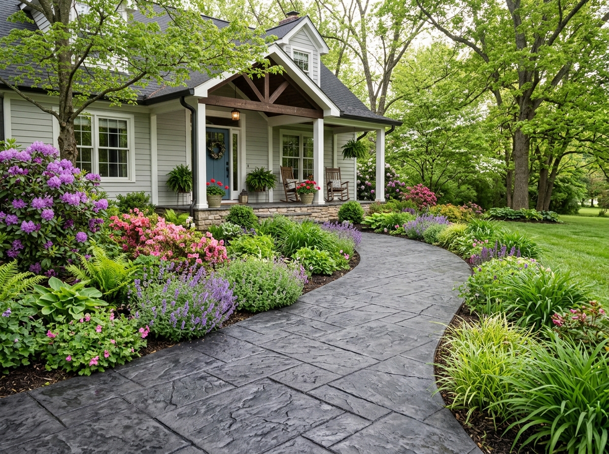 CAG Enterprises Curved stamped concrete walkway with fractured slate pattern in Central Kentucky