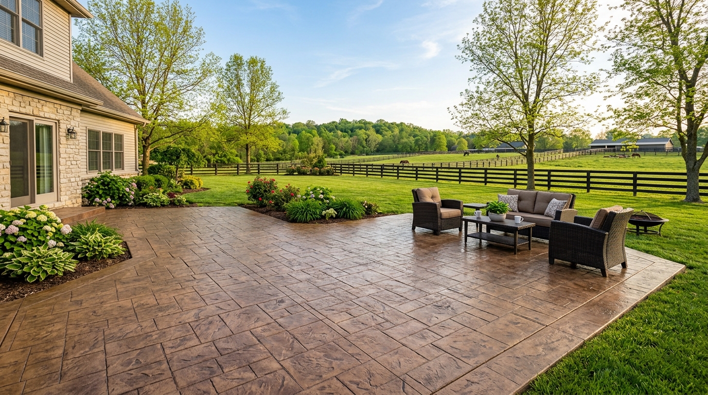 Stamped concrete patio with ashlar slate pattern in a Nicholasville, Kentucky backyard