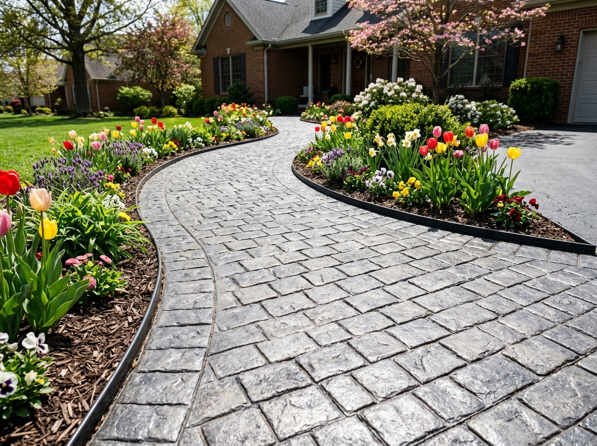 CAG Enterprises Stamped concrete walkway with cobblestone pattern in a Nicholasville, Kentucky front yard