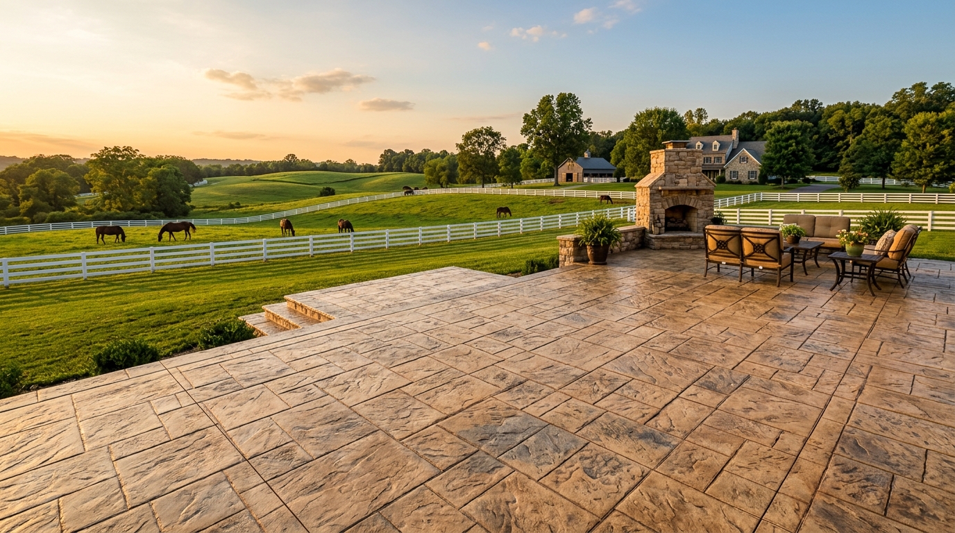 Stamped concrete patio on a Versailles, Kentucky estate with Bluegrass pastures in the background