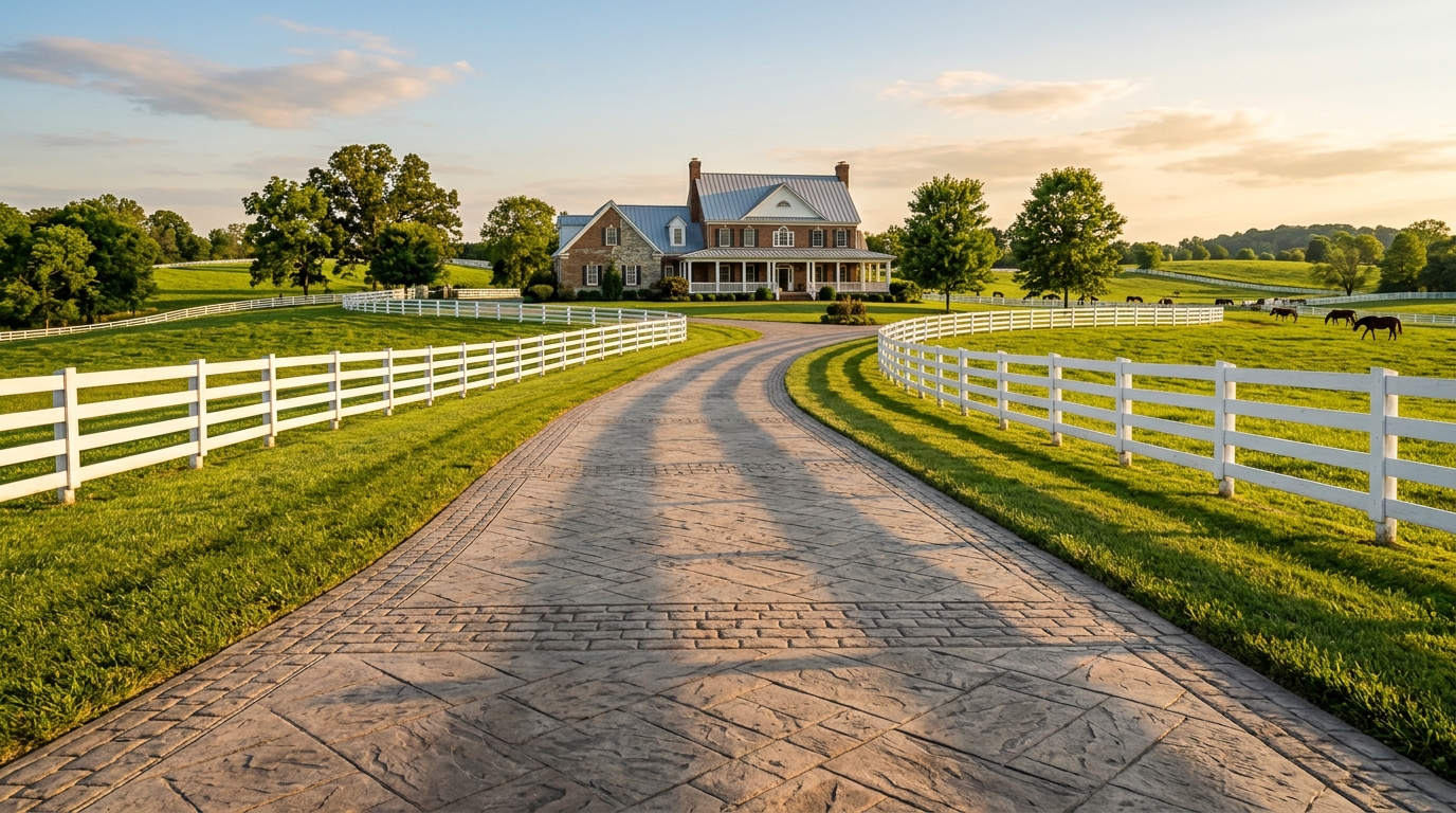 Concrete driveway alongside Bluegrass horse farm in Versailles, Kentucky