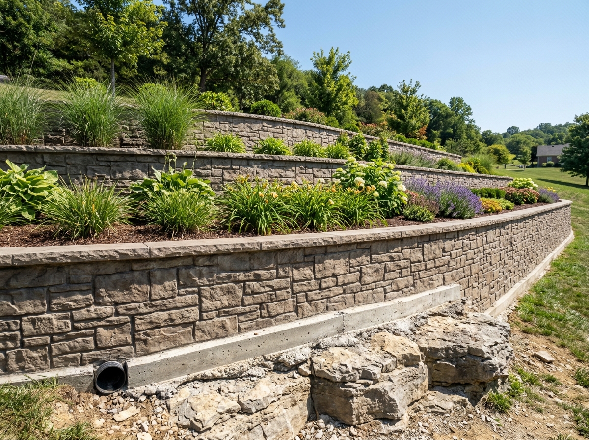 Terraced concrete retaining wall on a Versailles, KY property